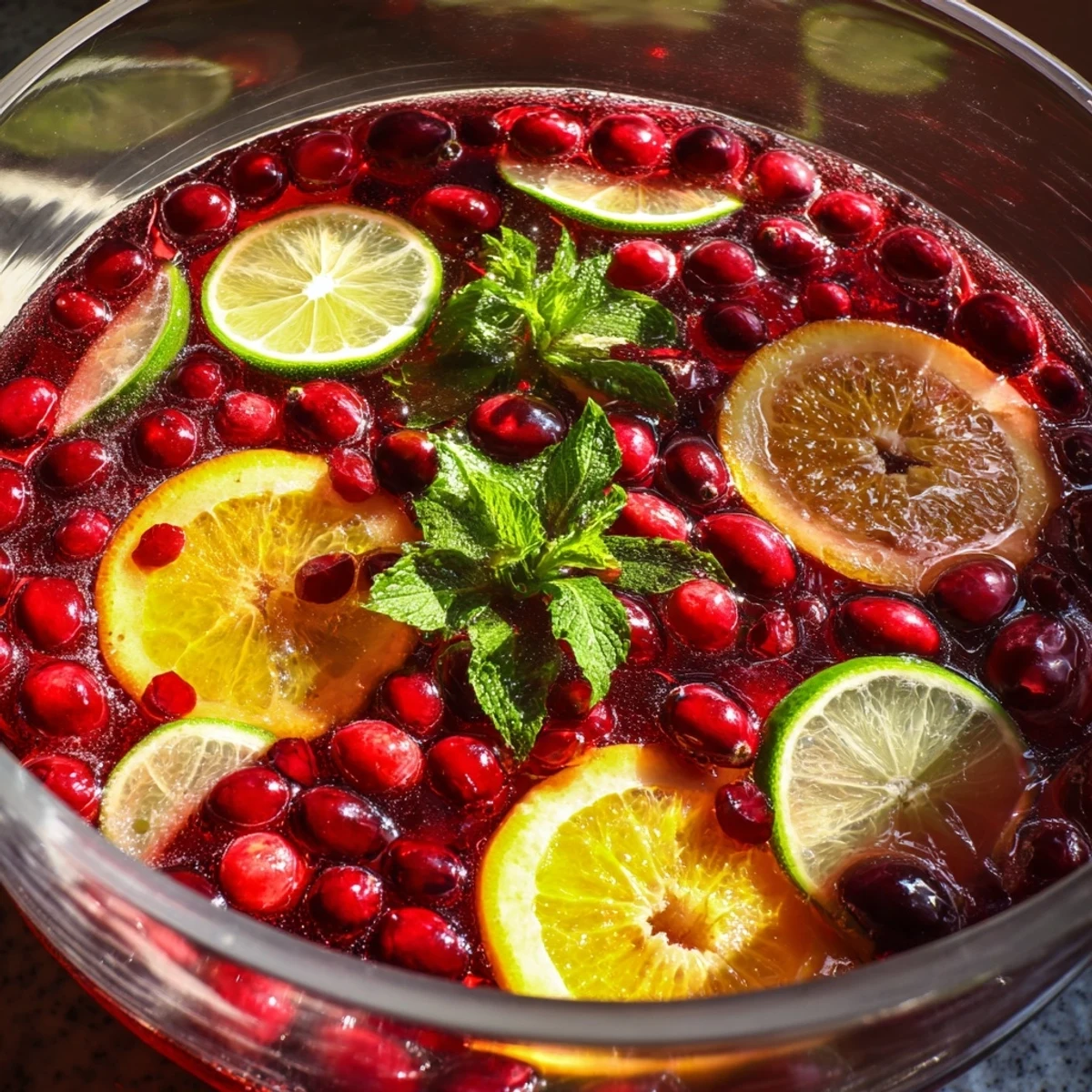 A refreshing cranberry punch bowl filled with ruby red cranberries and citrus fruits.