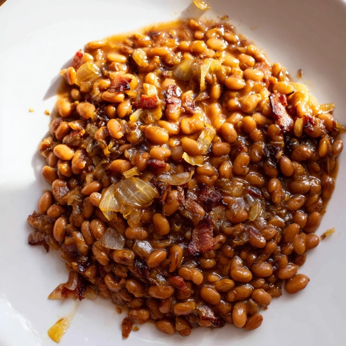 Hearty baked beans, bubbling in a baking dish, a perfect side for your summer barbecue.