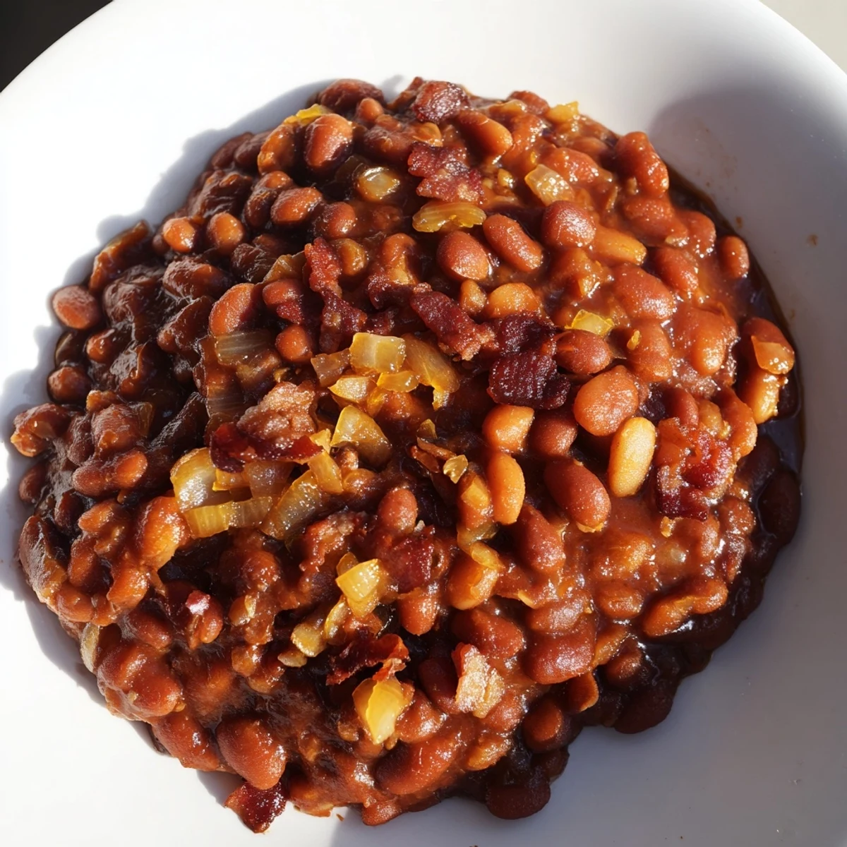 Delicious baked beans served hot, the perfect American side dish to complement any meal.