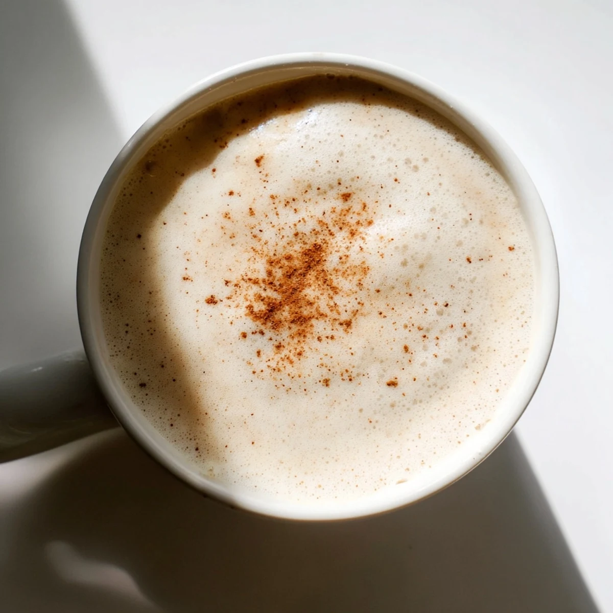 A close-up of a frothy, warm creamy hot milk, garnished with a sprinkle of cinnamon, delicious!