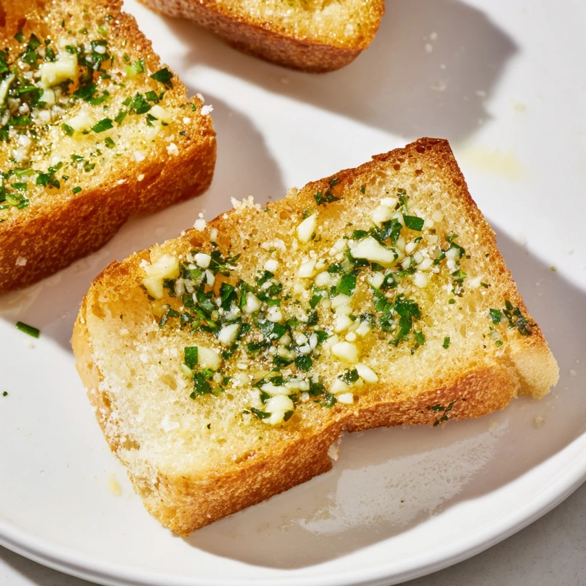 Buttery garlic toast, garnished with parsley, offers a warm, savory experience for dinner.