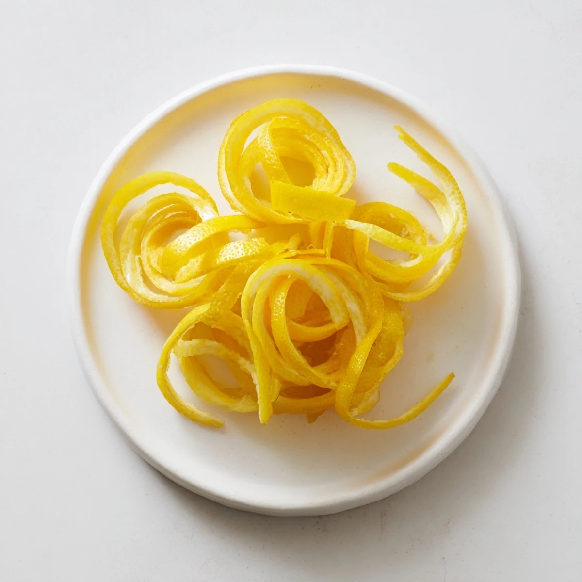 A close-up of delicate Lemon Twist Peel, thinly sliced and curled, a perfect finishing touch.