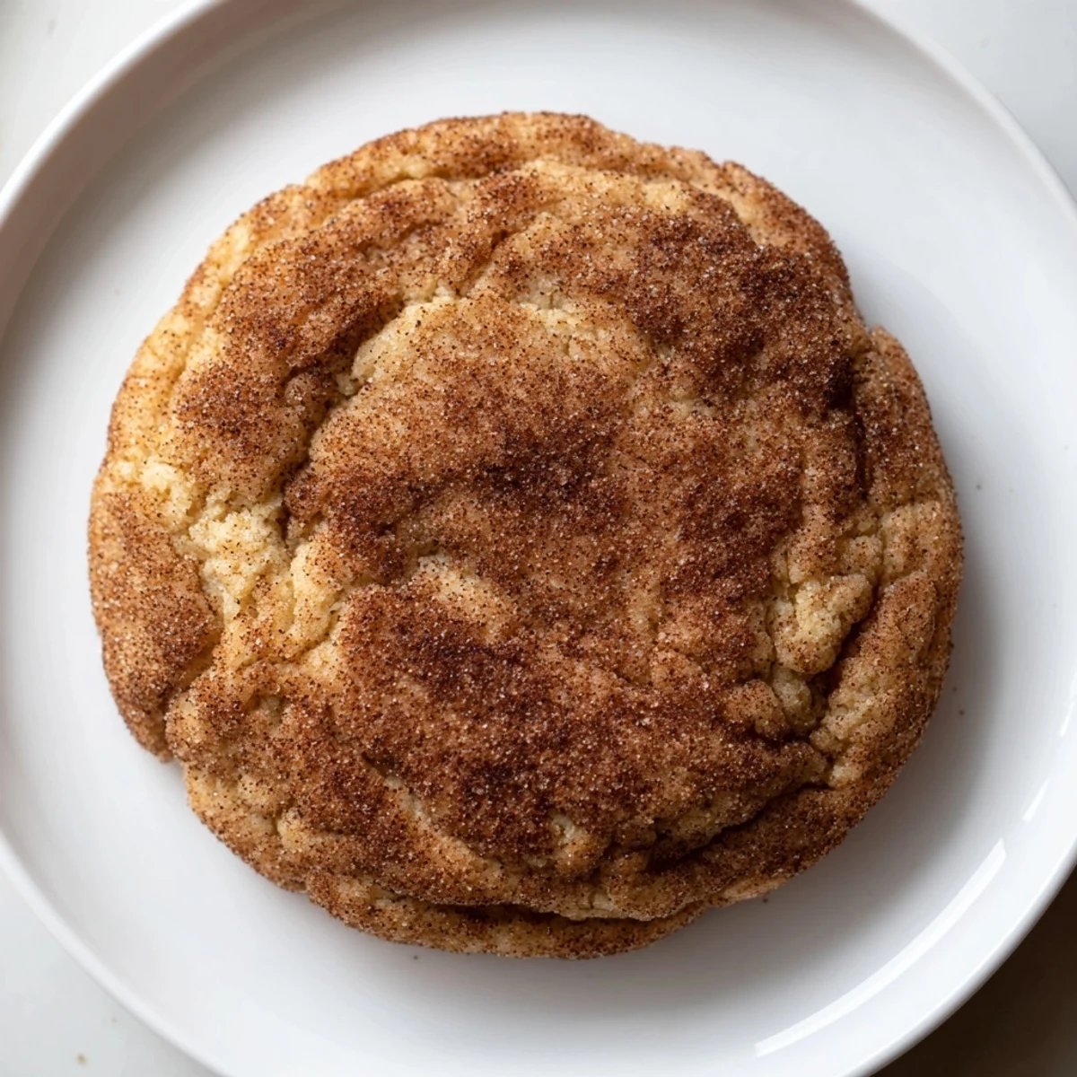 Golden, slightly crackled Snickerdoodle cookies, coated in cinnamon sugar, waiting to be enjoyed with a glass of milk.