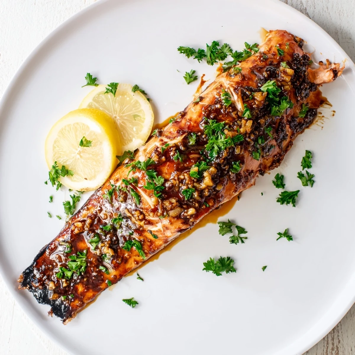Golden, glazed honey garlic salmon, a mouthwatering main course with parsley garnish, ready to serve.