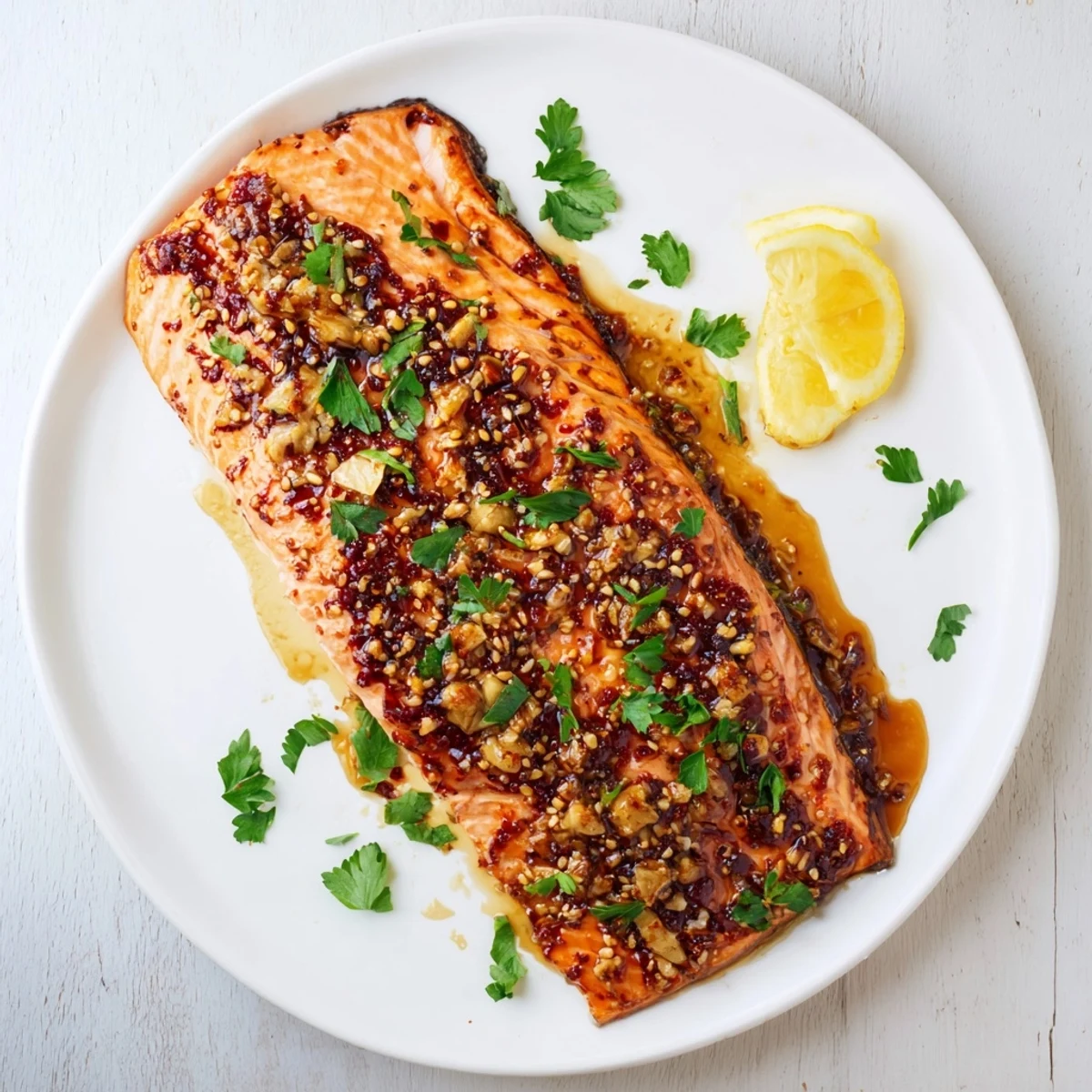 Perfectly baked honey garlic salmon fillets, glistening with a sweet and savory sauce, ready to be enjoyed.