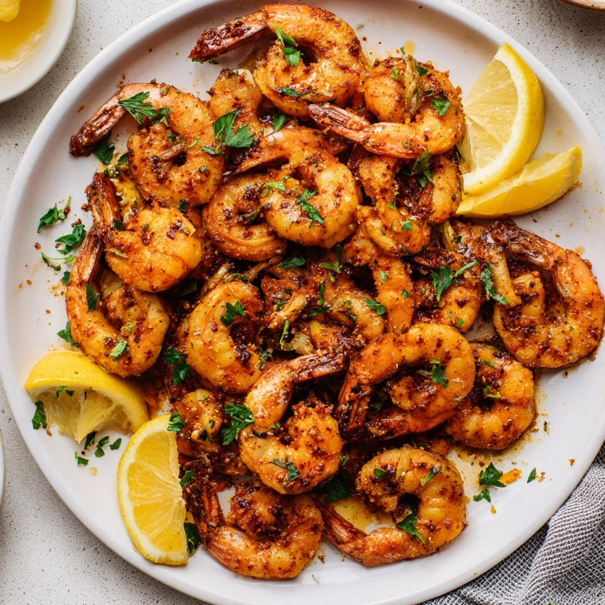 Sizzling Spicy Cajun Shrimp, ready to eat, garnished with parsley and lemon wedges for serving.