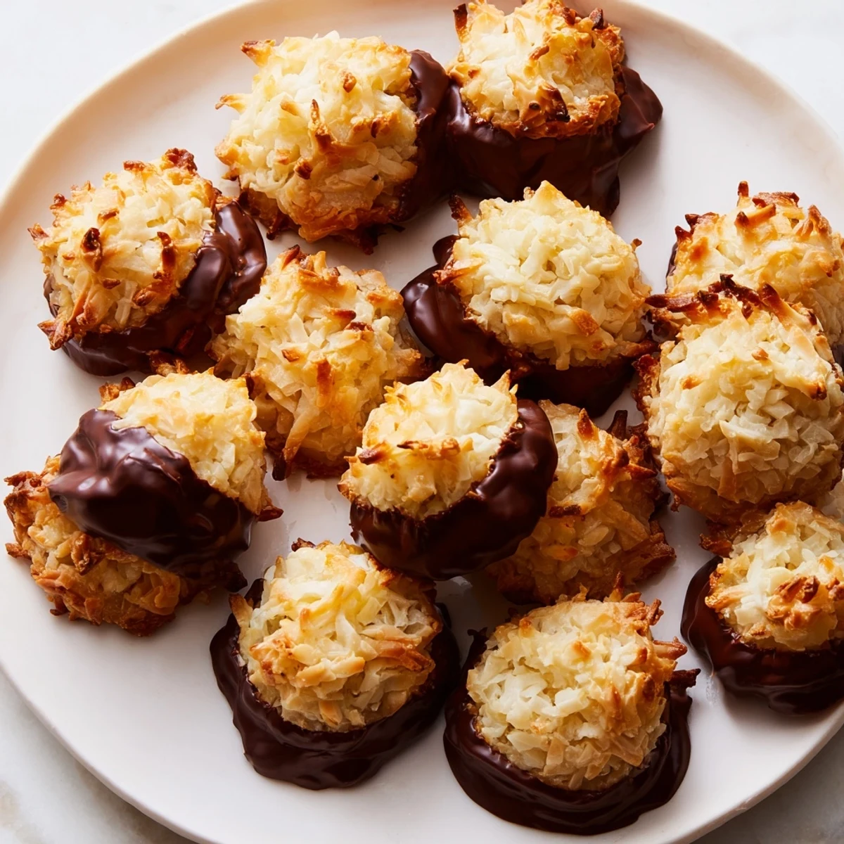 Golden brown, crisp-edged coconut macaroons piled high, showcasing their irresistible, chewy texture.