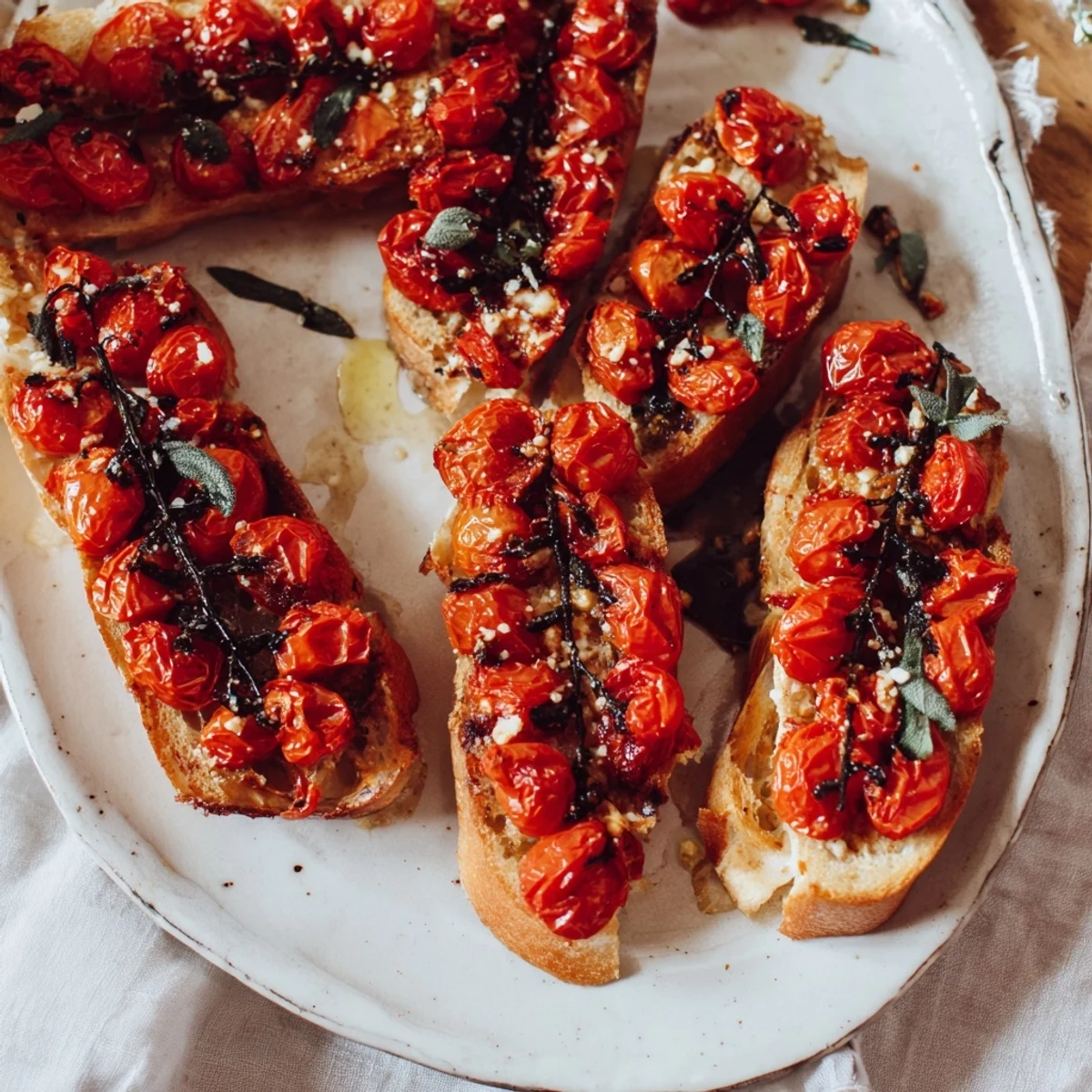 Golden bruschetta with roasted tomatoes, basil, and balsamic glaze – an Italian appetizer.