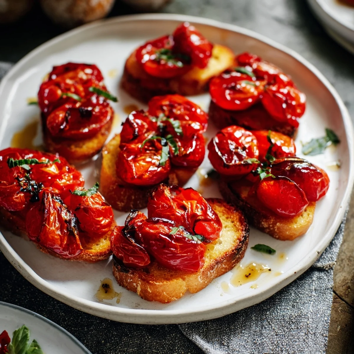 Close-up of savory roasted tomato bruschetta on crispy bread, ideal for a vegetarian starter.