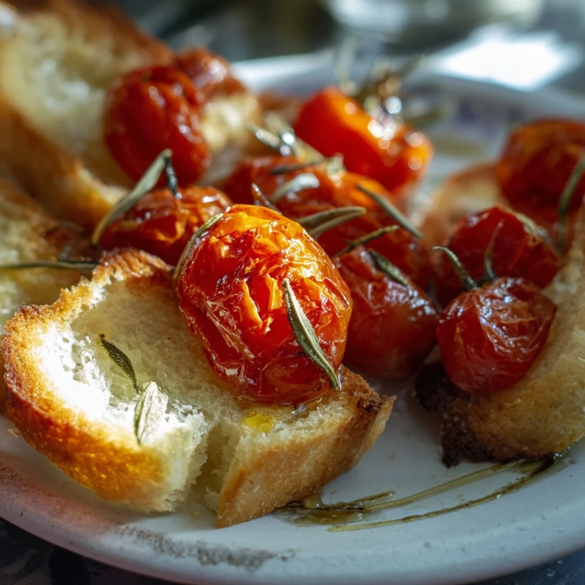 Warm, toasted bread topped with juicy roasted tomato bruschetta and fresh basil, ready to eat.