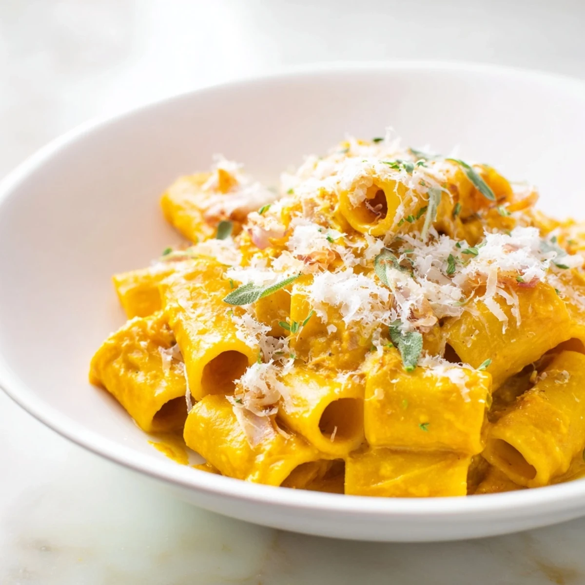 Warm, creamy pumpkin pasta swirled together, topped with Parmesan; a delicious autumn dinner idea.