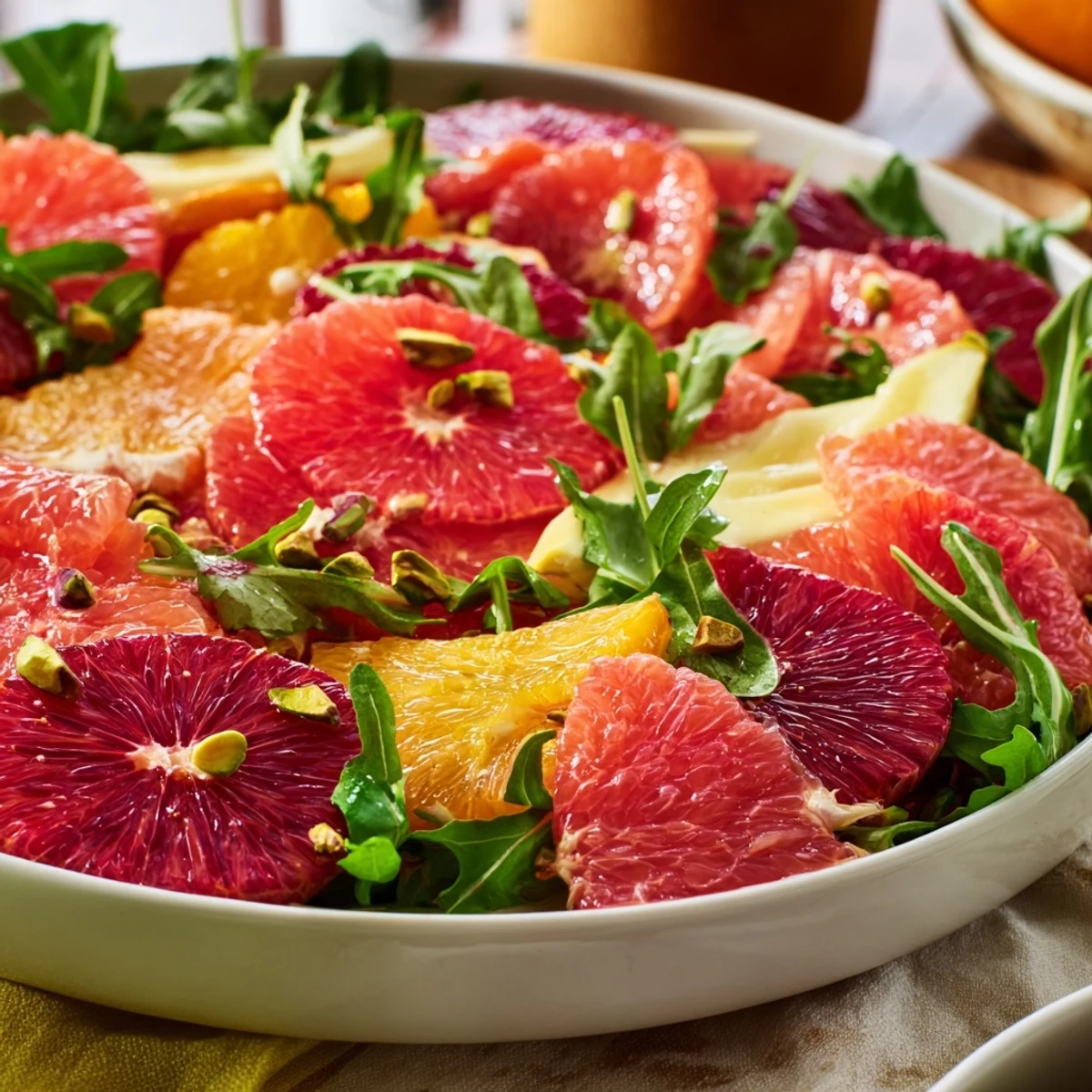 Fresh Winter Citrus Salad overflowing with colorful citrus slices, bright greens, and crunchy pistachios.