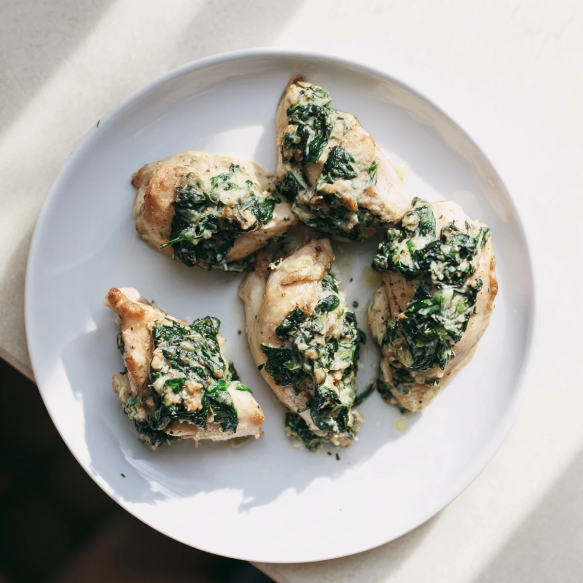 Golden-brown stuffed chicken breast glistening, showcasing the creamy spinach and cheese filling.