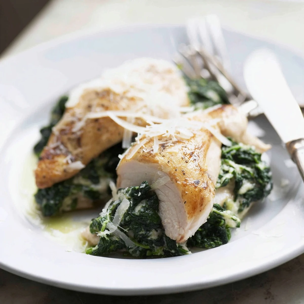 Close-up of a delightful stuffed chicken breast, revealing a savory spinach and cheese center.