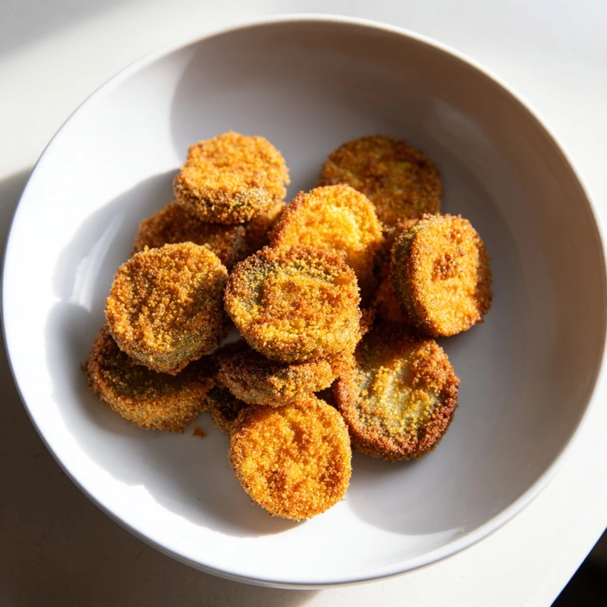 A close-up of freshly fried pickles with a golden crust, ready to be dipped and enjoyed.