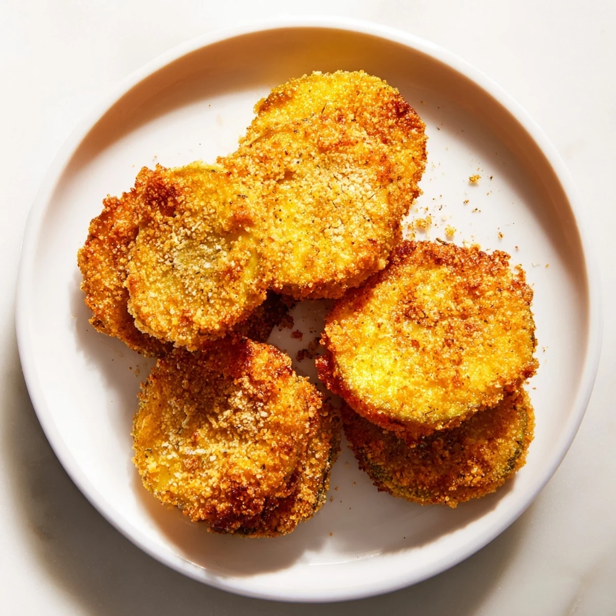 Stack of seasoned fried pickles, hot and crunchy, ready to serve with creamy ranch dressing.