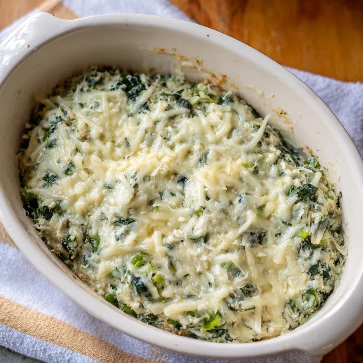 Warm, bubbling Spinach Dip, a cheesy appetizer with spinach and savory seasonings.