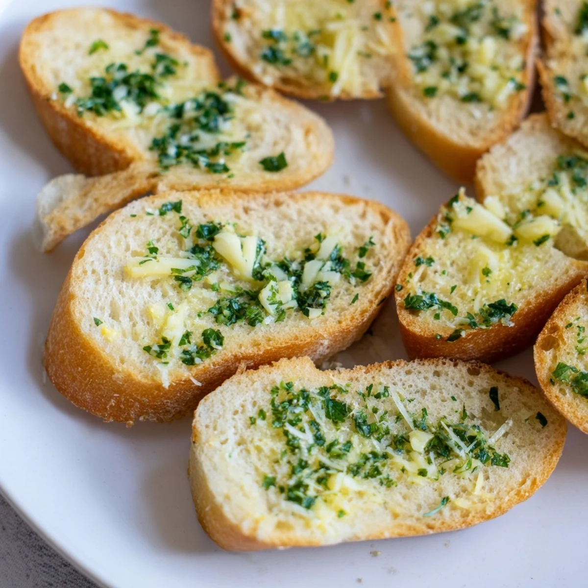 Golden, toasted garlic bread slices, glistening with melted butter, perfect for dipping.