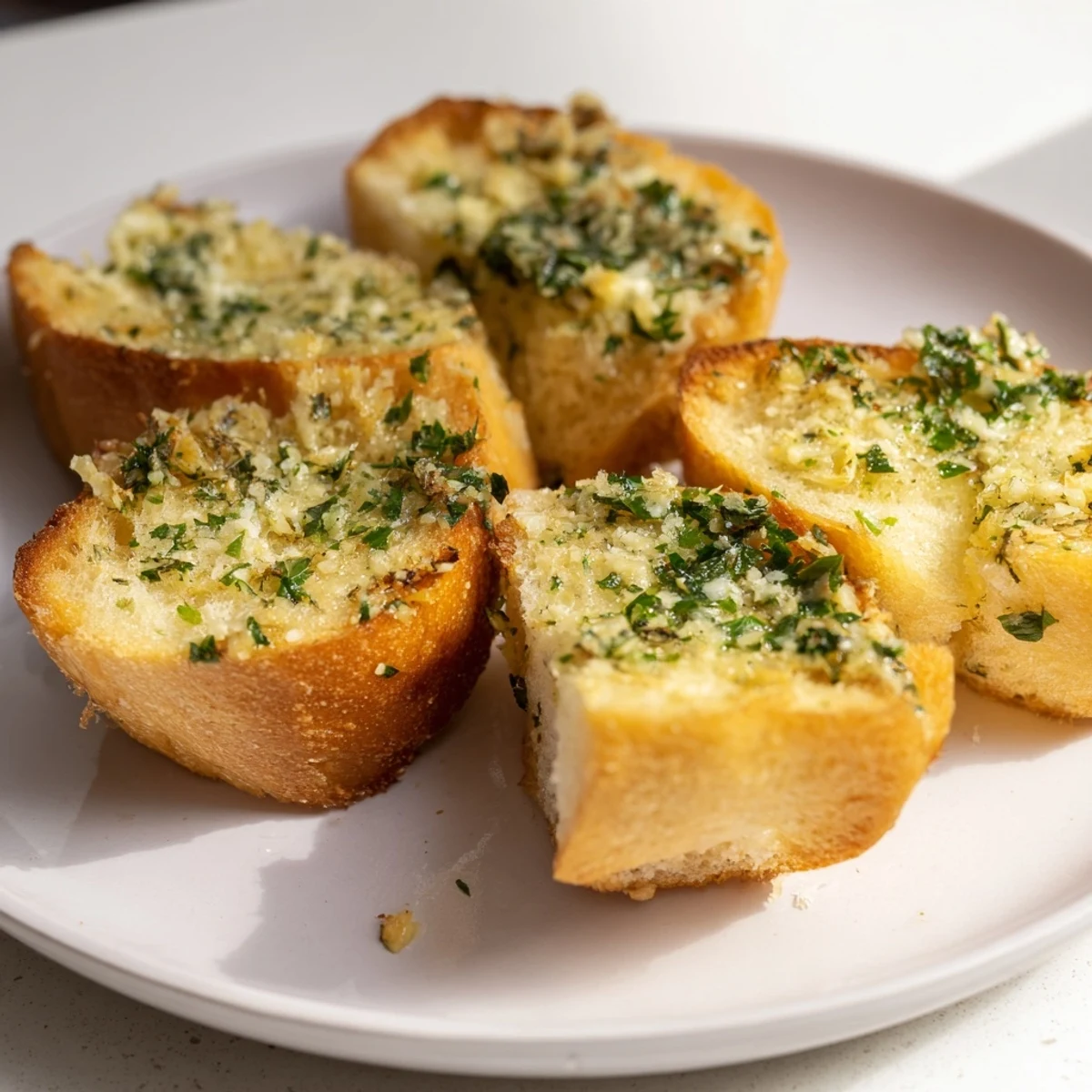 Freshly baked and golden garlic bread, served warm, promising delightful, savory flavors.
