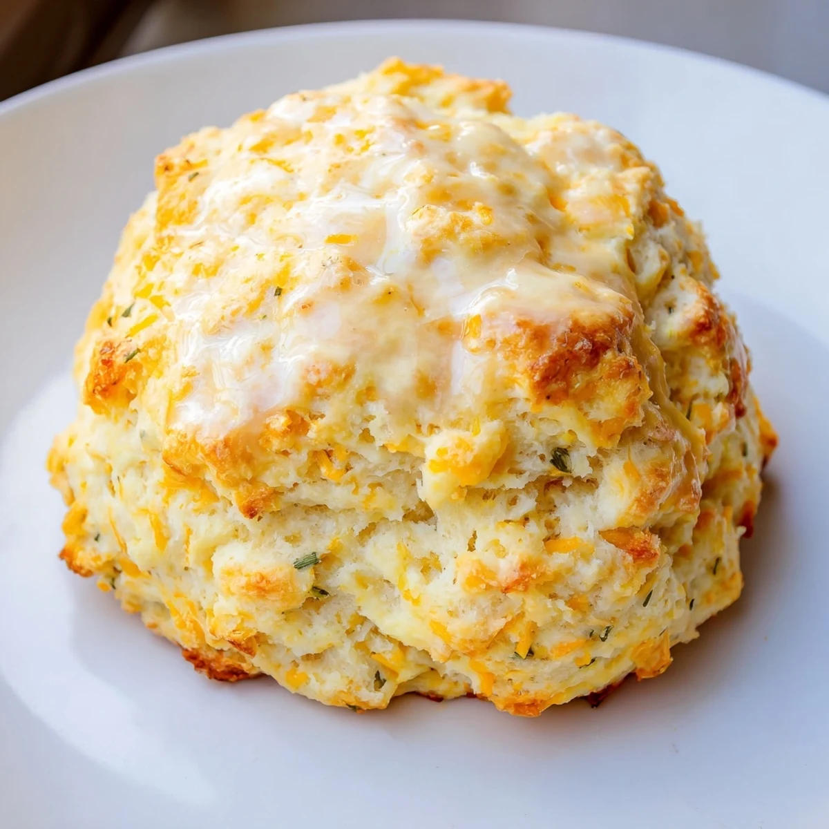 Close-up of fluffy cheese scones, studded with cheese, ready to be enjoyed with butter.