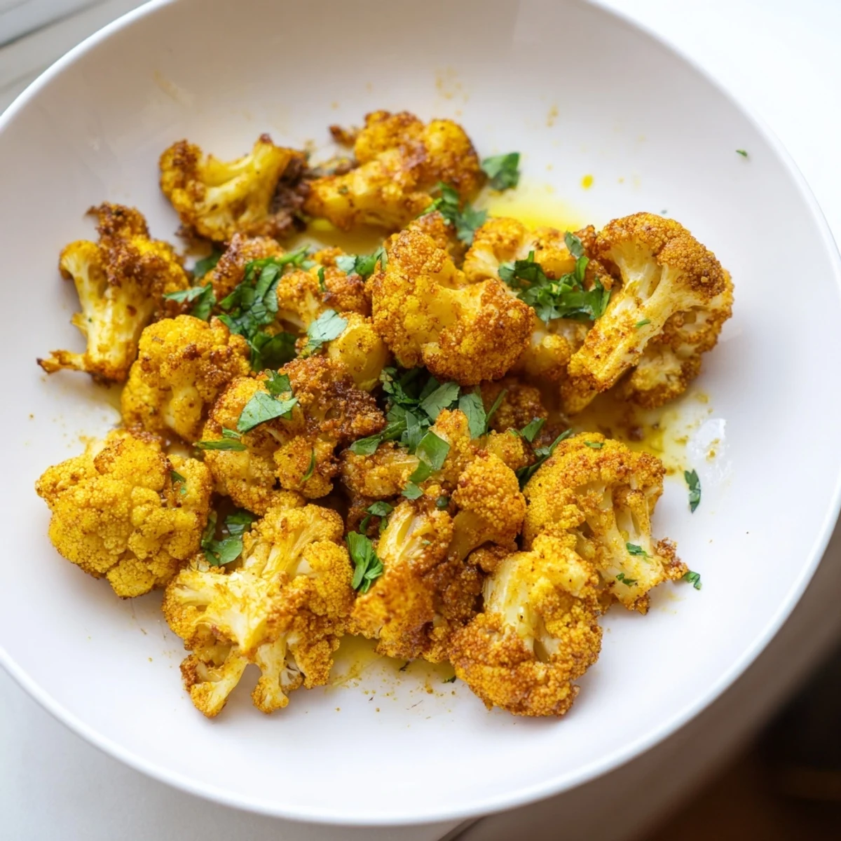 Golden, roasted turmeric cauliflower florets, bursting with warm spices, ready to enjoy as a side.