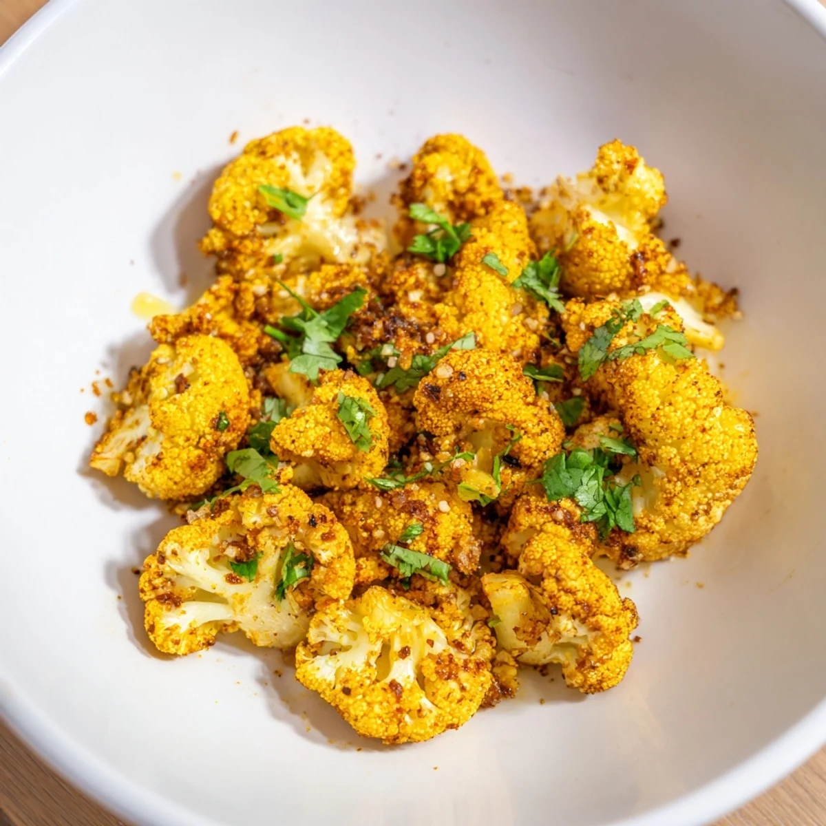 A close-up of vibrant turmeric cauliflower, tender and caramelized, perfect for a vegan meal.