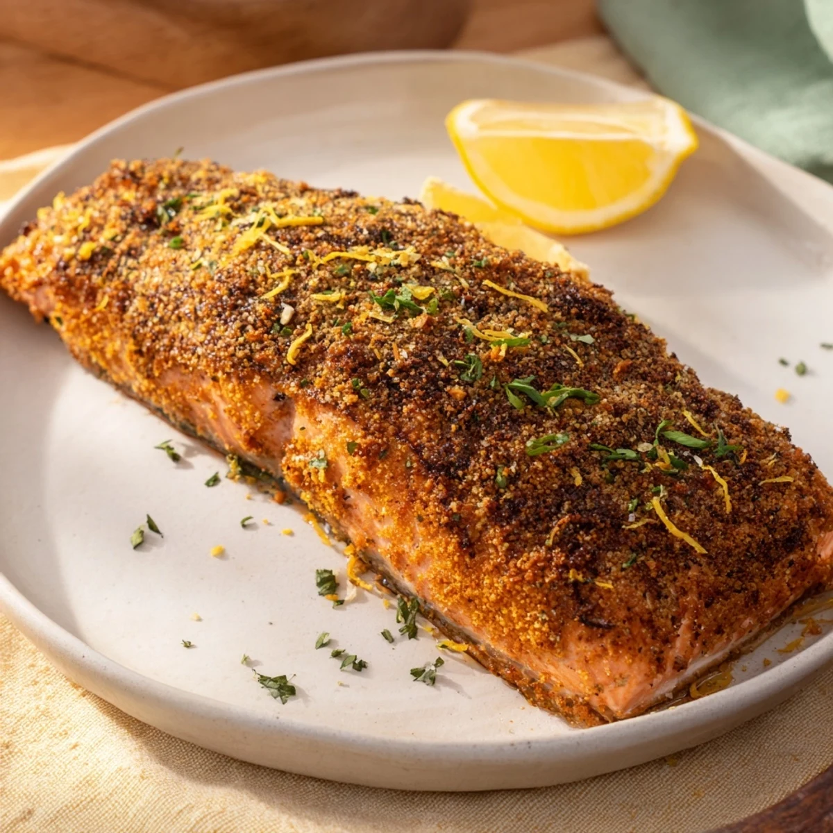 Savory baked crusted salmon with a golden breadcrumb topping; imagine the flaky and tender fish.