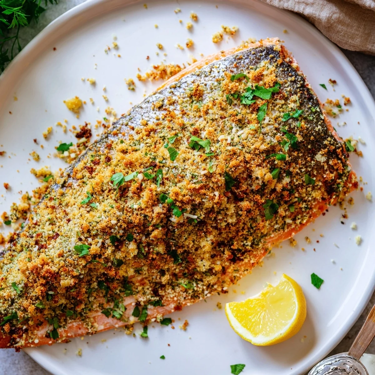 Golden-brown crusted salmon, offering a delightful crunch from oven-baked perfection, ready to serve at dinner.