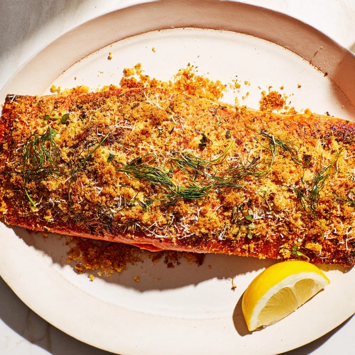 Delectable crusted salmon showcasing a crispy herb crust alongside fresh lemon wedges for a light meal.