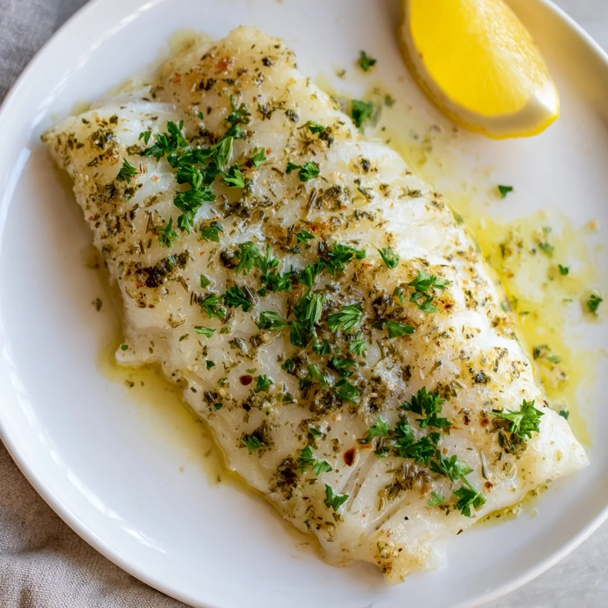 Flaky Baked Fish fillets glistening from the oven, ready to serve with fresh lemon wedges.