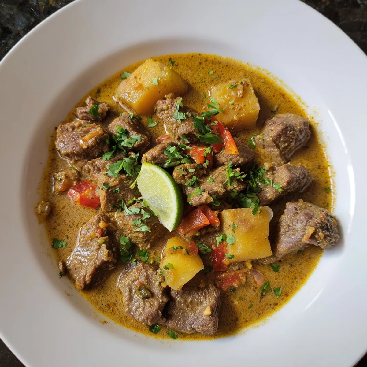 A steaming bowl of flavorful Curry Beef, garnished with fresh cilantro and lime wedges.