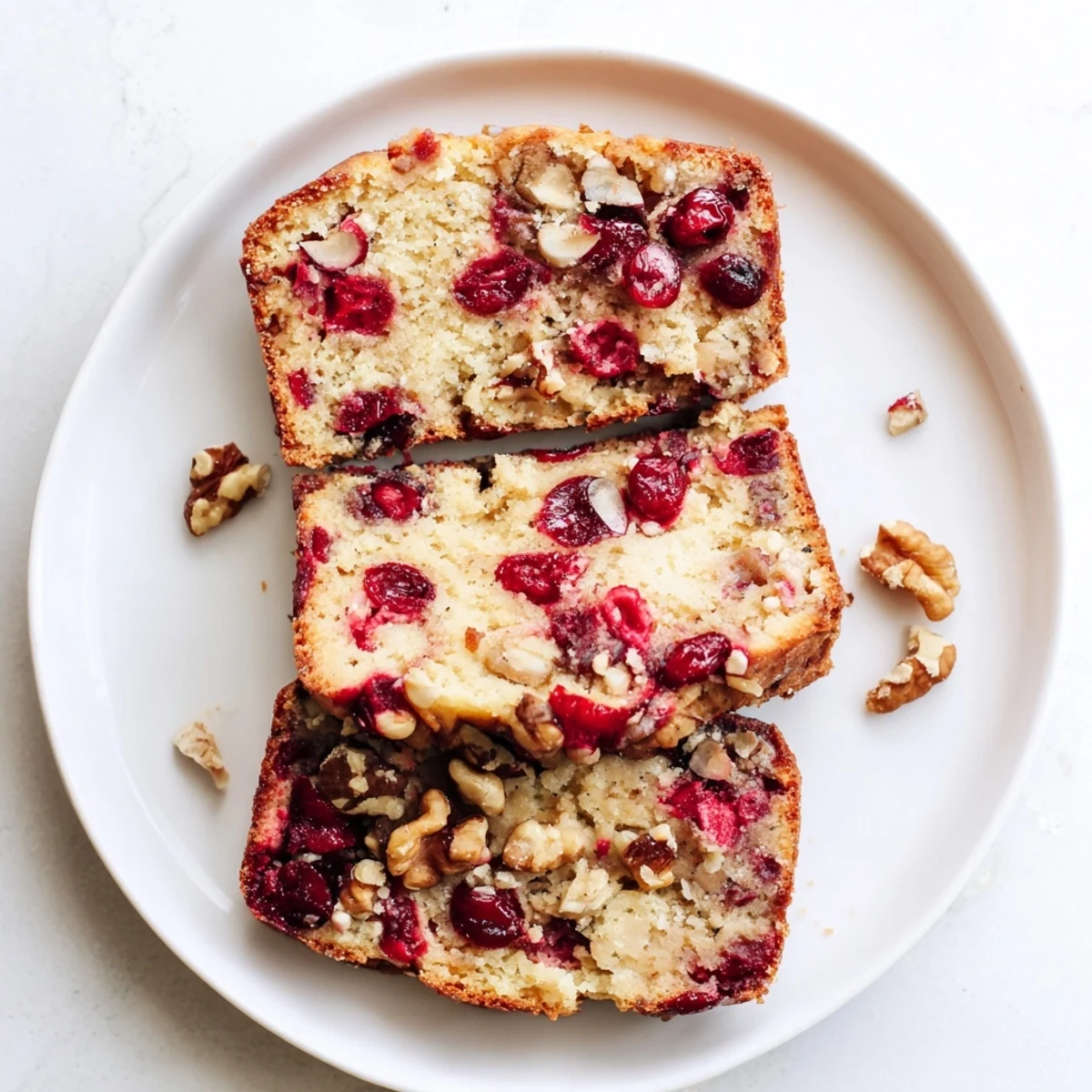 Freshly baked cranberry bread with a golden crust, displaying juicy cranberries throughout the loaf.