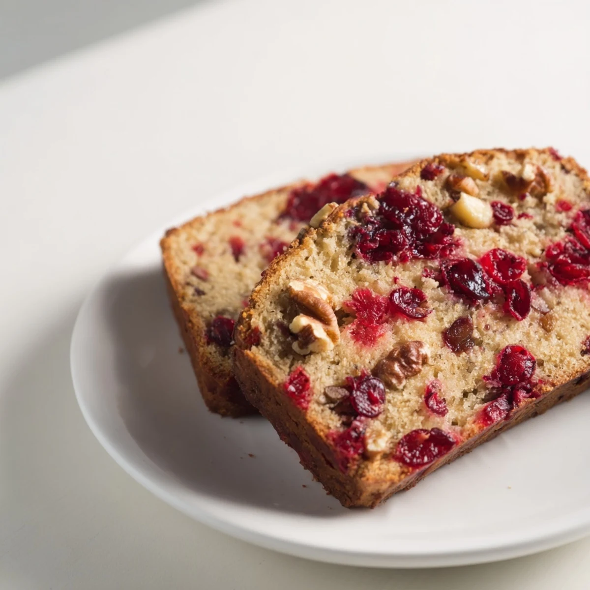 A warm slice of cranberry bread ready to be enjoyed with a hint of orange zest and a soft texture.