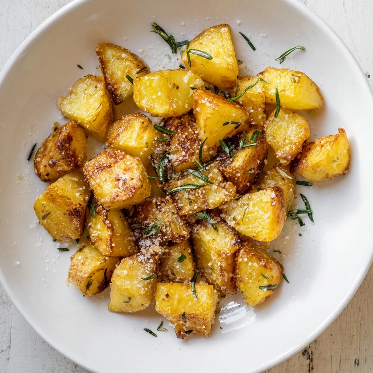 Golden brown, crispy roasted potatoes ready for serving—a flavorful side dish for dinner.