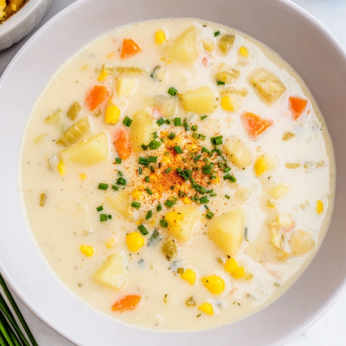 This richly textured Creamy Corn Chowder with Smoked Paprika features a swirl of cream and vibrant corn kernels.