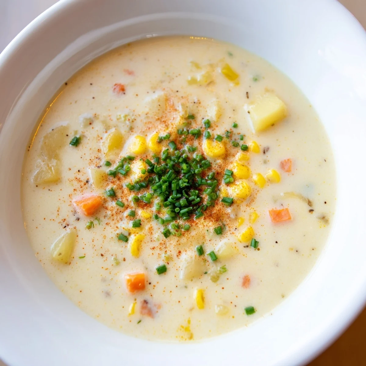 A warm bowl of Creamy Corn Chowder with Smoked Paprika, perfect for a comforting dinner on a chilly evening.