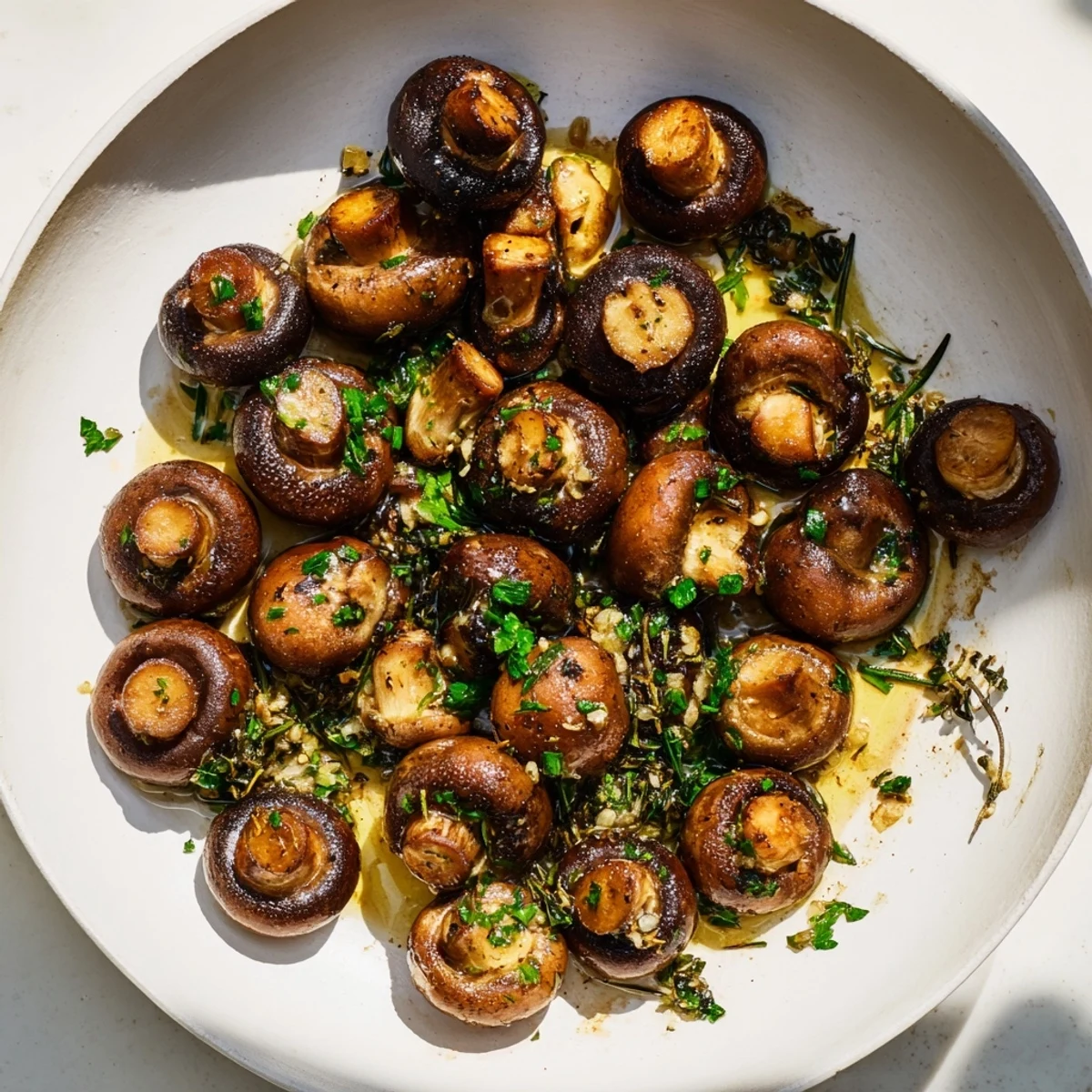 Golden Garlic and Herb Roasted Mushrooms, glistening with olive oil and fresh herbs, ready to serve.