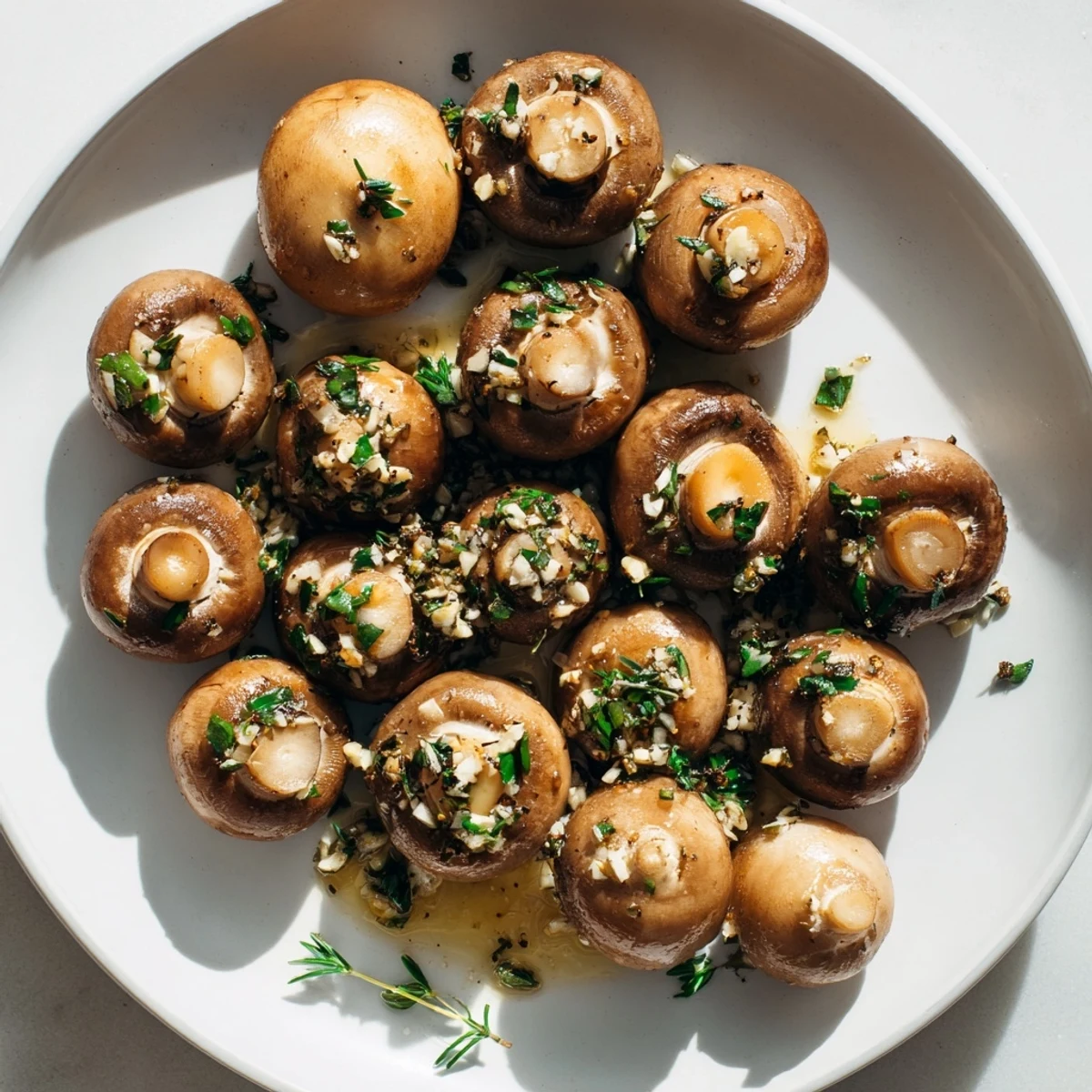 Tender, savory Garlic and Herb Roasted Mushrooms, seasoned generously, offering an inviting aroma fresh from the oven.