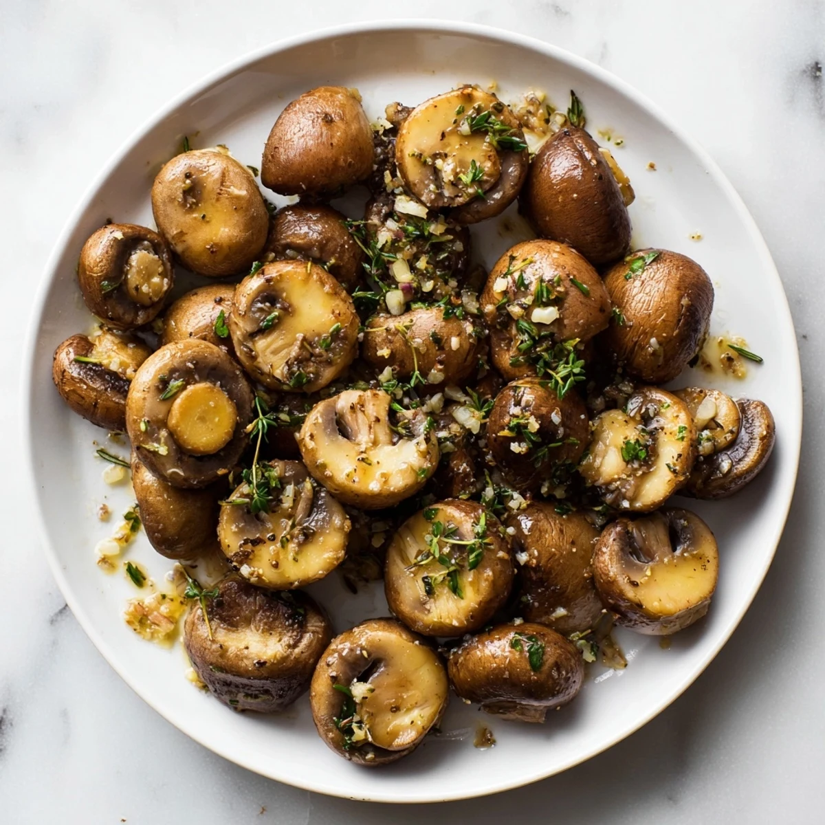 A close-up view of Garlic and Herb Roasted Mushrooms, browned and delicious after just a short oven roast.
