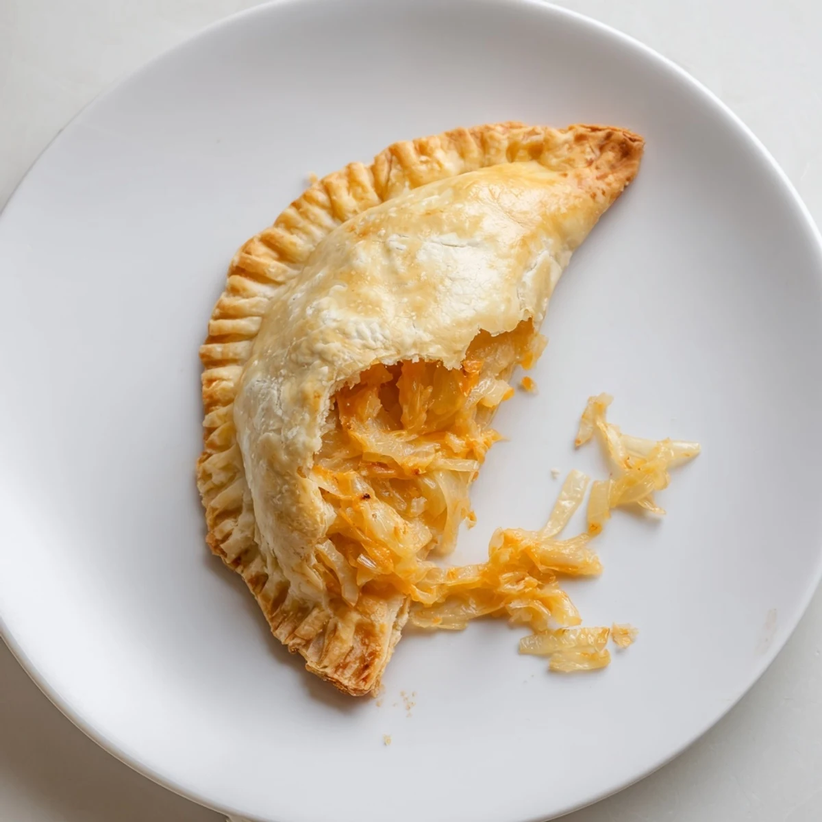 Close view of a warm, savory cheese and onion pasty, with flaky crust and a rich filling.