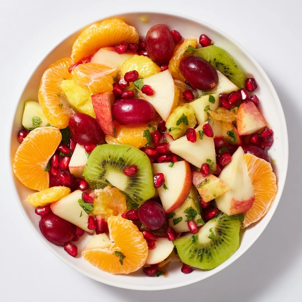 Lush winter fruit salad with mint syrup, glistening and ready to serve on a bright platter.