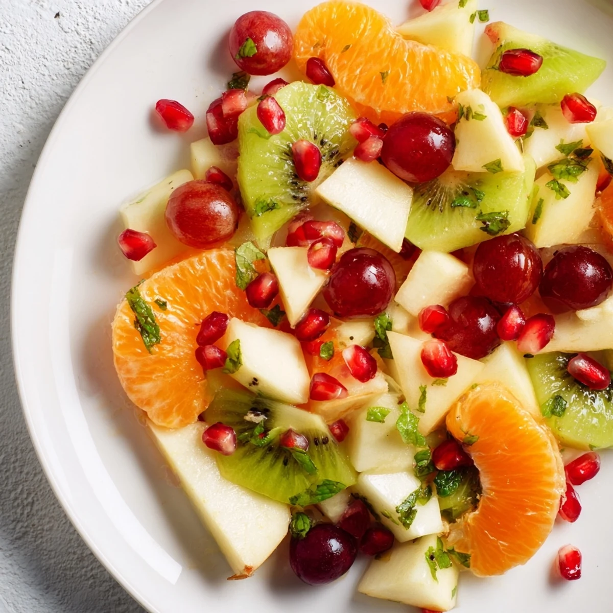 A gorgeous close-up showcasing the vibrant winter fruit salad, drizzled with refreshing mint syrup.