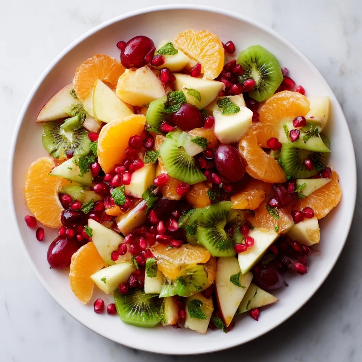 Freshly tossed winter fruit salad with mint syrup, a colorful display of textures and flavors.