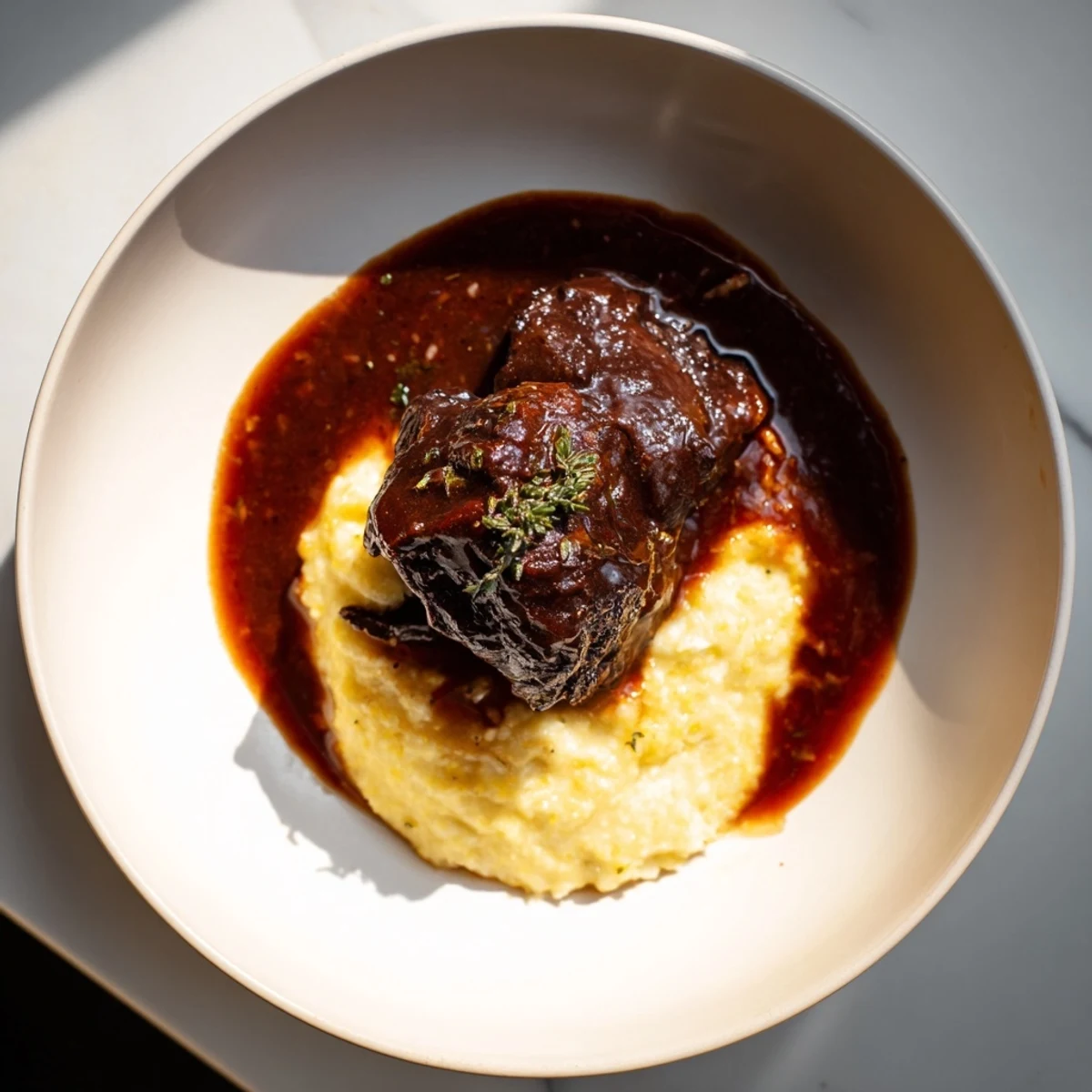 Tender braised beef cheeks, deeply flavorful and falling apart, served with creamy polenta pictured.
