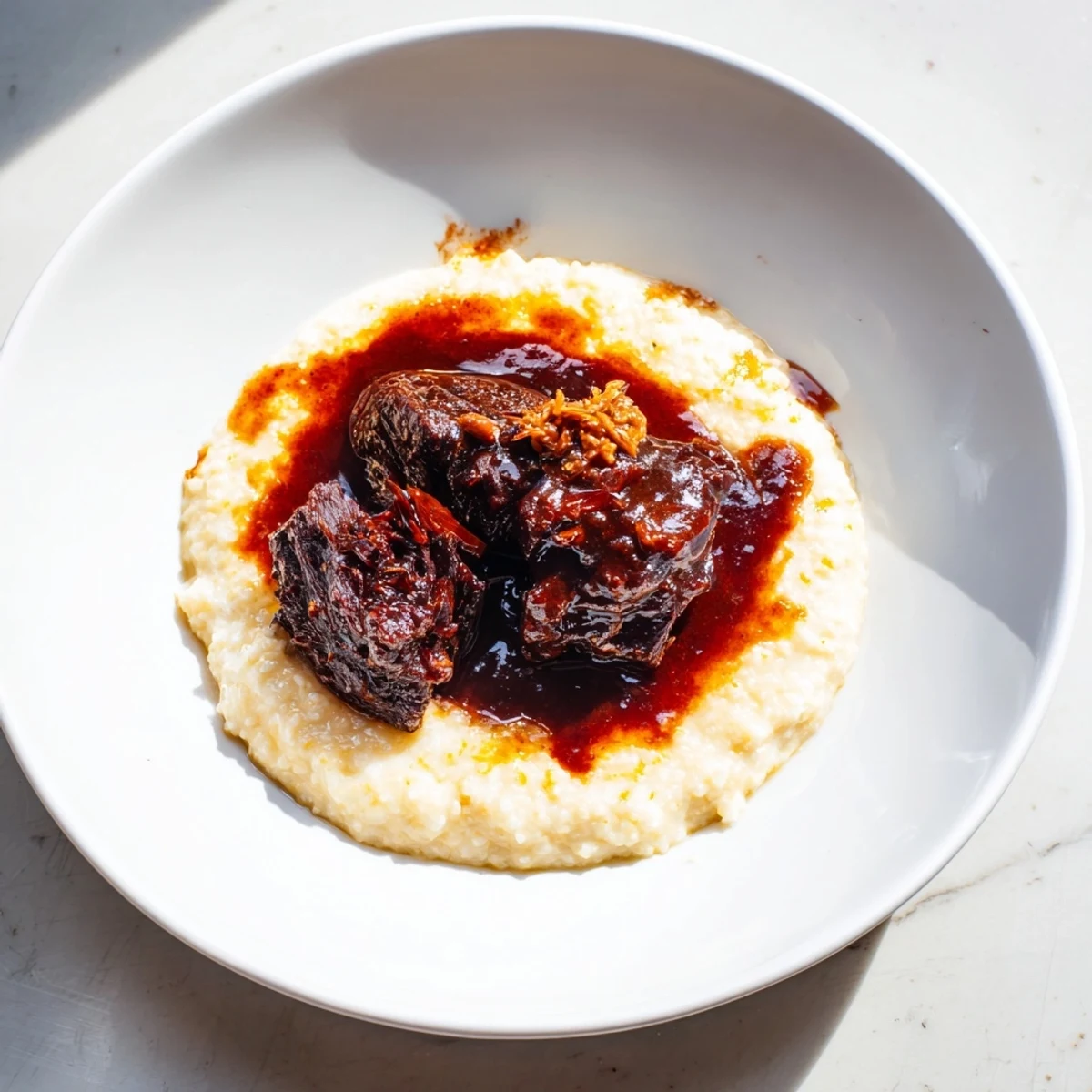 Rich, savory braised beef cheeks with polenta: a beautiful and hearty Italian-inspired meal.