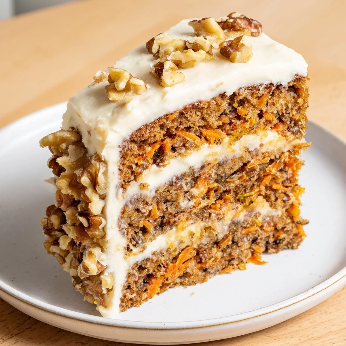 A slice of moist spiced carrot cake, topped with creamy frosting and walnuts is delectable.