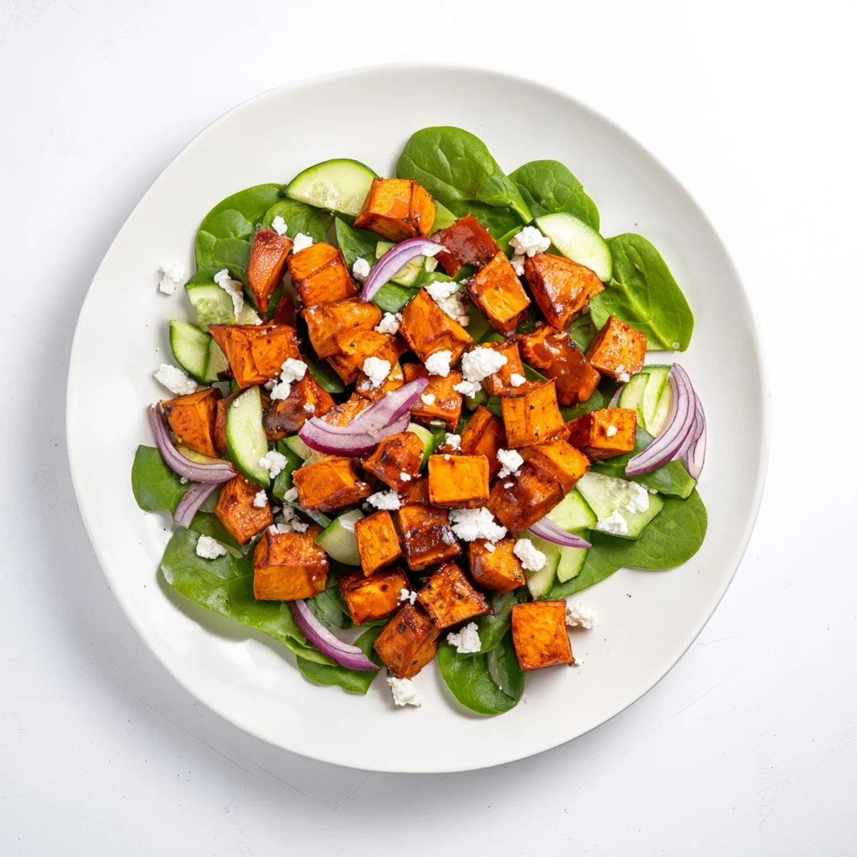 Golden roasted sweet potato and feta salad with crumbled cheese and fresh greens, flavorful.