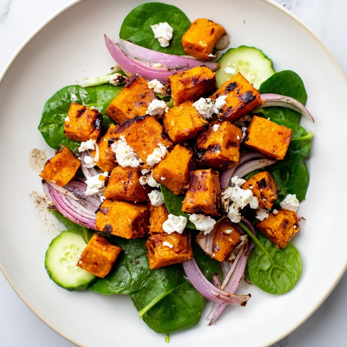A colorful Roasted Sweet Potato and Feta Salad, showcasing tender roasted sweet potatoes and creamy feta.