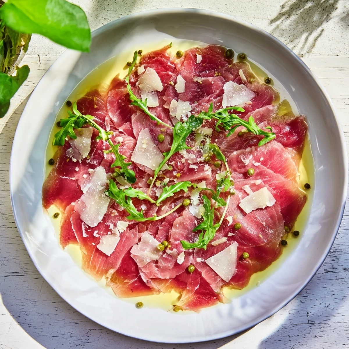 Fresh Beef Carpaccio arranged artfully, with vibrant green arugula and delicate cheese shavings.