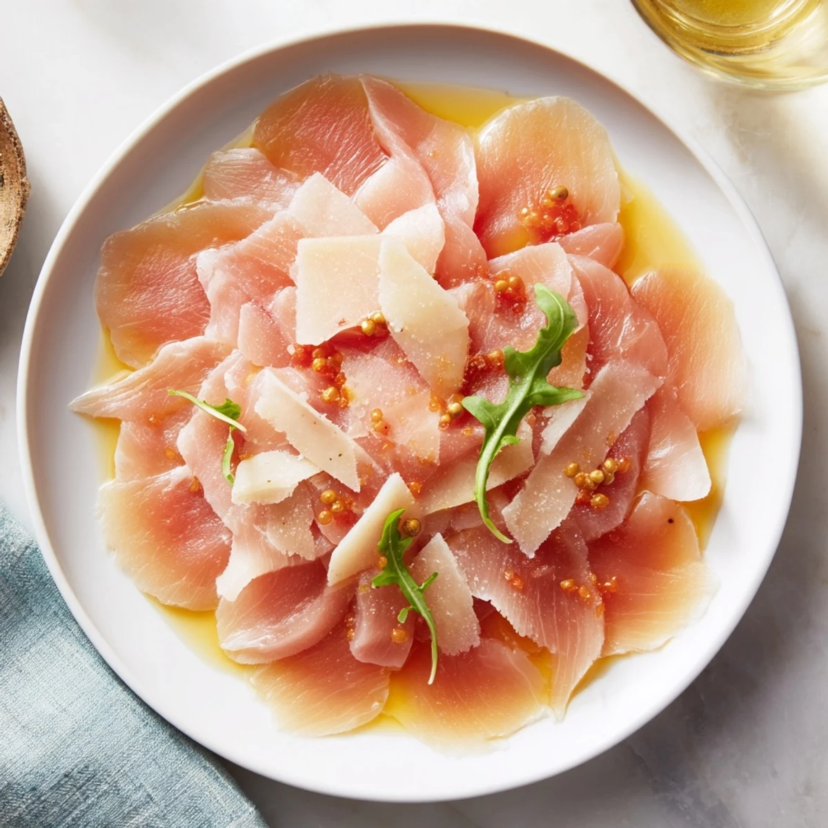 Thinly sliced Beef Carpaccio, glistening with olive oil and topped with Parmesan, ready to serve.